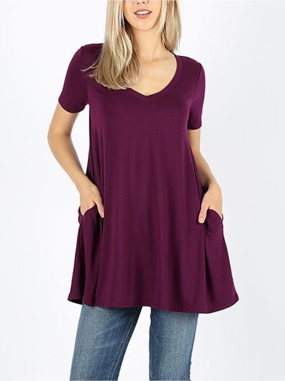 Zenana Premium Short Sleeve Pocket Tunic // Purple // Large